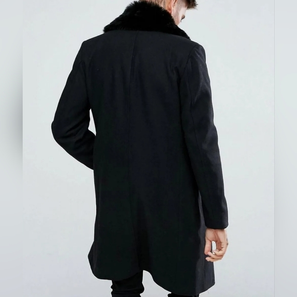 boohooMAN Double Breasted Wool Overcoat With Faux Fur Trim In Black - Picture 2 of 8